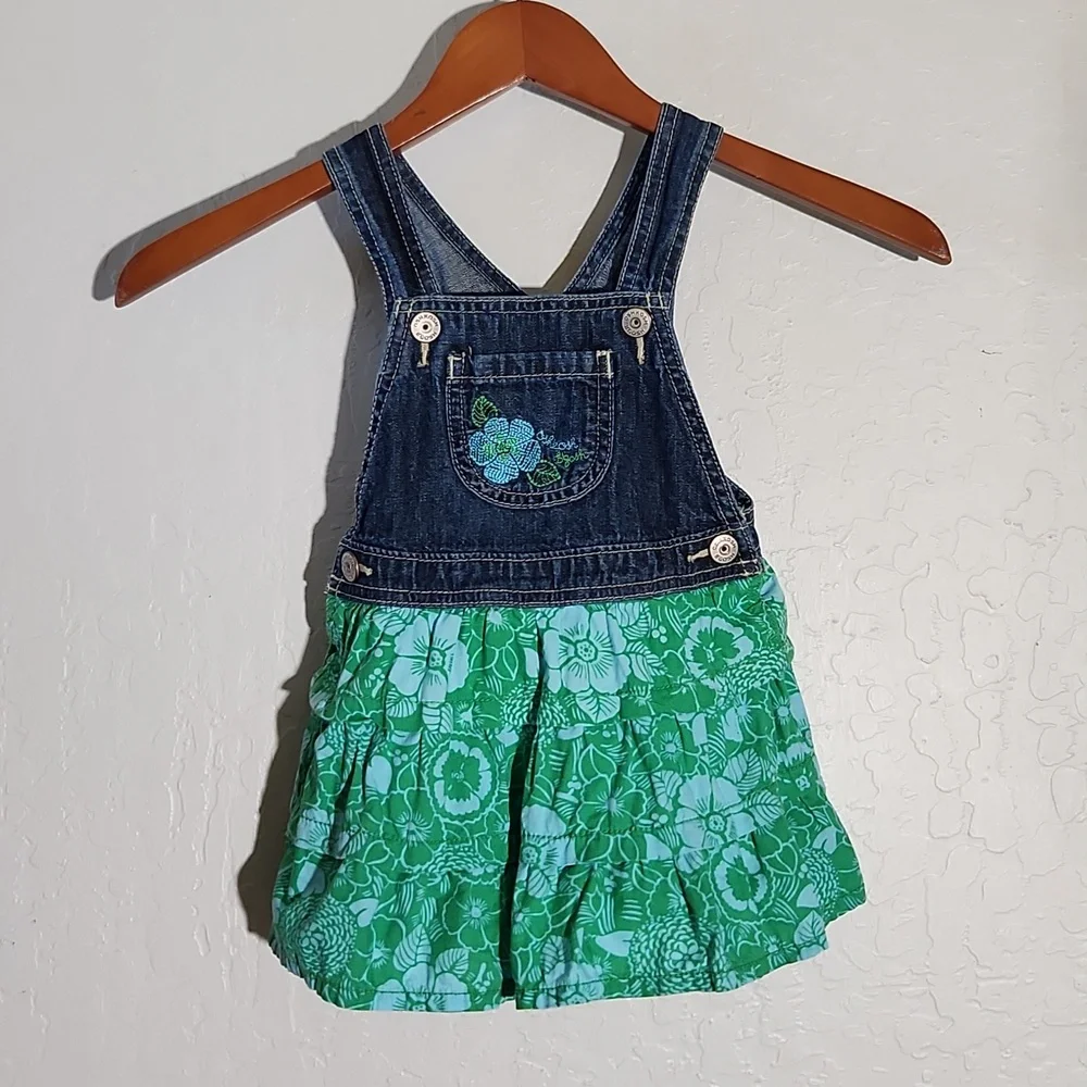 OSHKOSH Jean and  Green Floral Fabric Kids Overalls Dress 2T